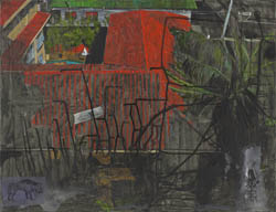 Curro Gonz&aacute;lez - 2011 - Lluvia en la casa del fil&oacute;sofo - T&eacute;cnica mixta sobre tela 100 x 130 cm.